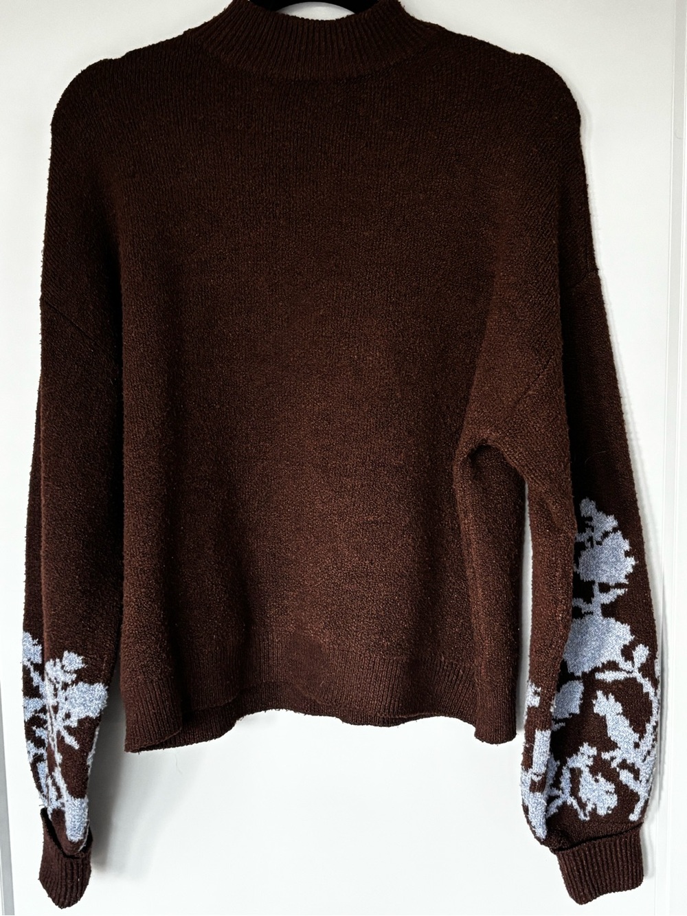 a.n.a Brown Mock Neck Sweater with Light Blue Floral Sleeves